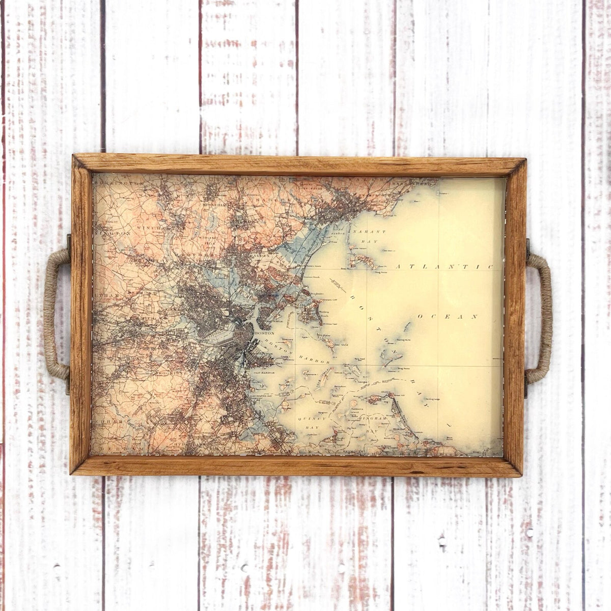 Wooden tray with a map design on a wooden surface, vintage map of boston massachusetts, topographical map of bsoton massachusetts