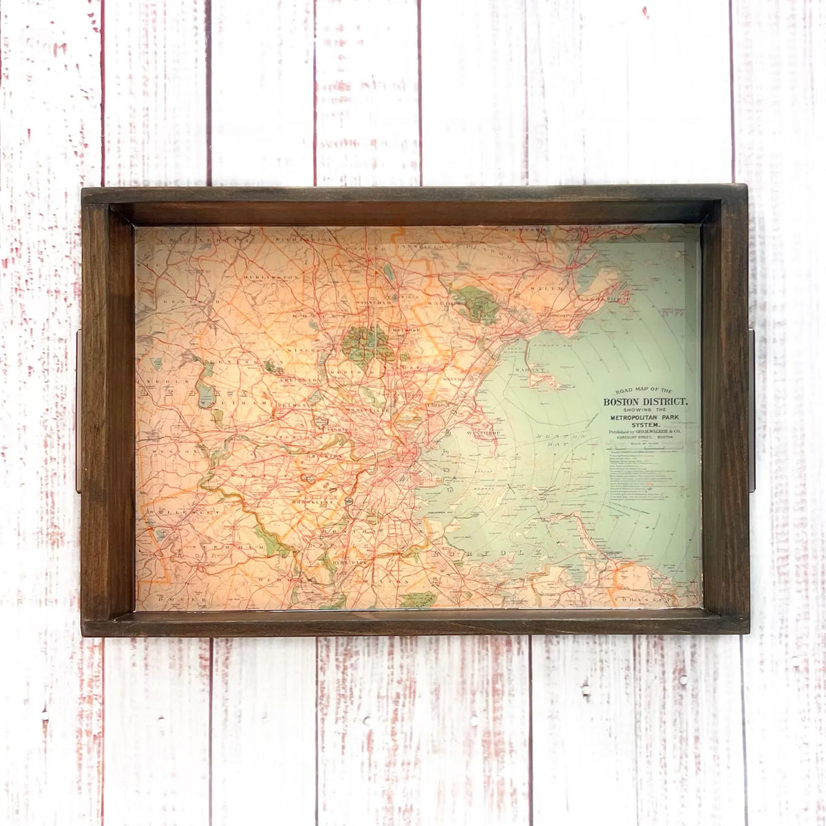 framed road map of boston massachusetts.  1900 map of boston massachusetts showing the metropolitan park system.  handmade serving tray with boston map
