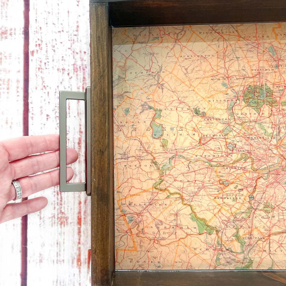 framed road map of boston massachusetts.  1900 map of boston massachusetts showing the metropolitan park system. serving tray with handles