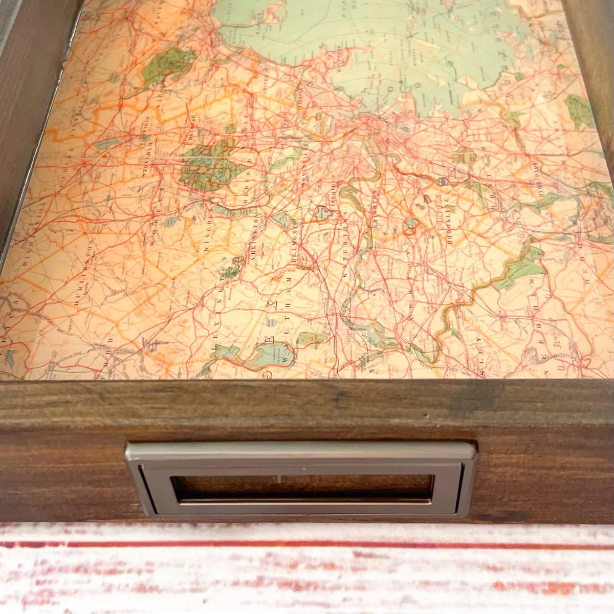 framed road map of boston massachusetts.  1900 map of boston massachusetts showing the metropolitan park system. serving tray with handles