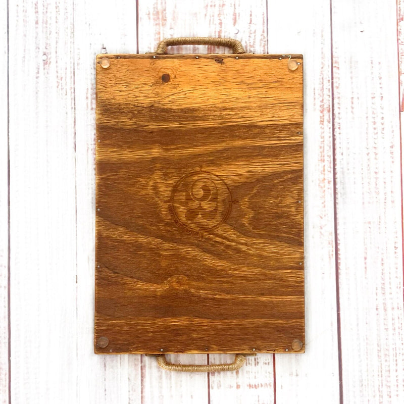 handmade wooden tray with rebecca gilbert design logo