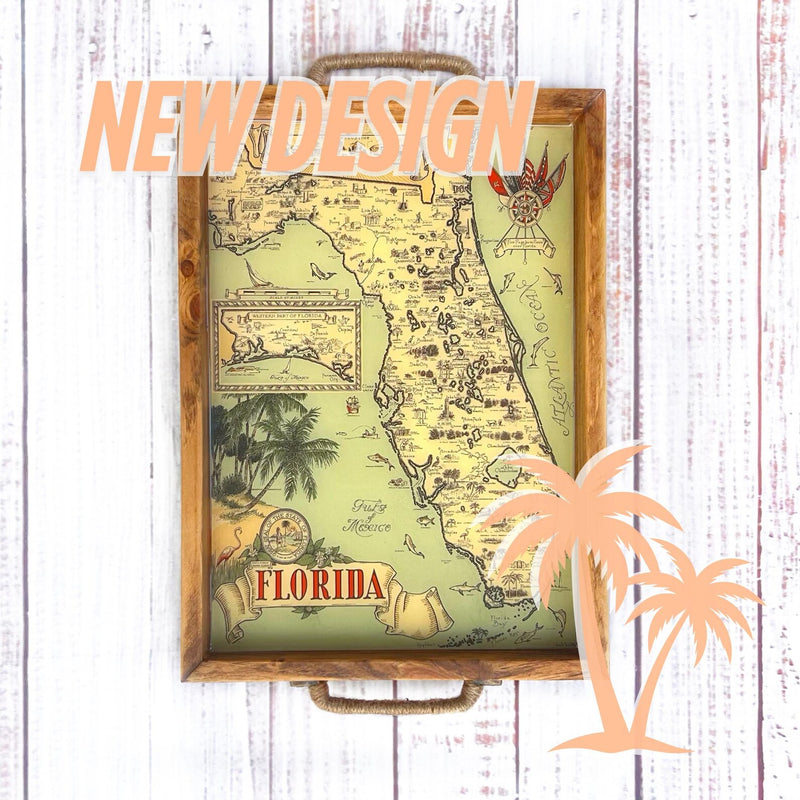 Map of Florida with decorative elements on a wooden surface and palm trees. vintage florida map