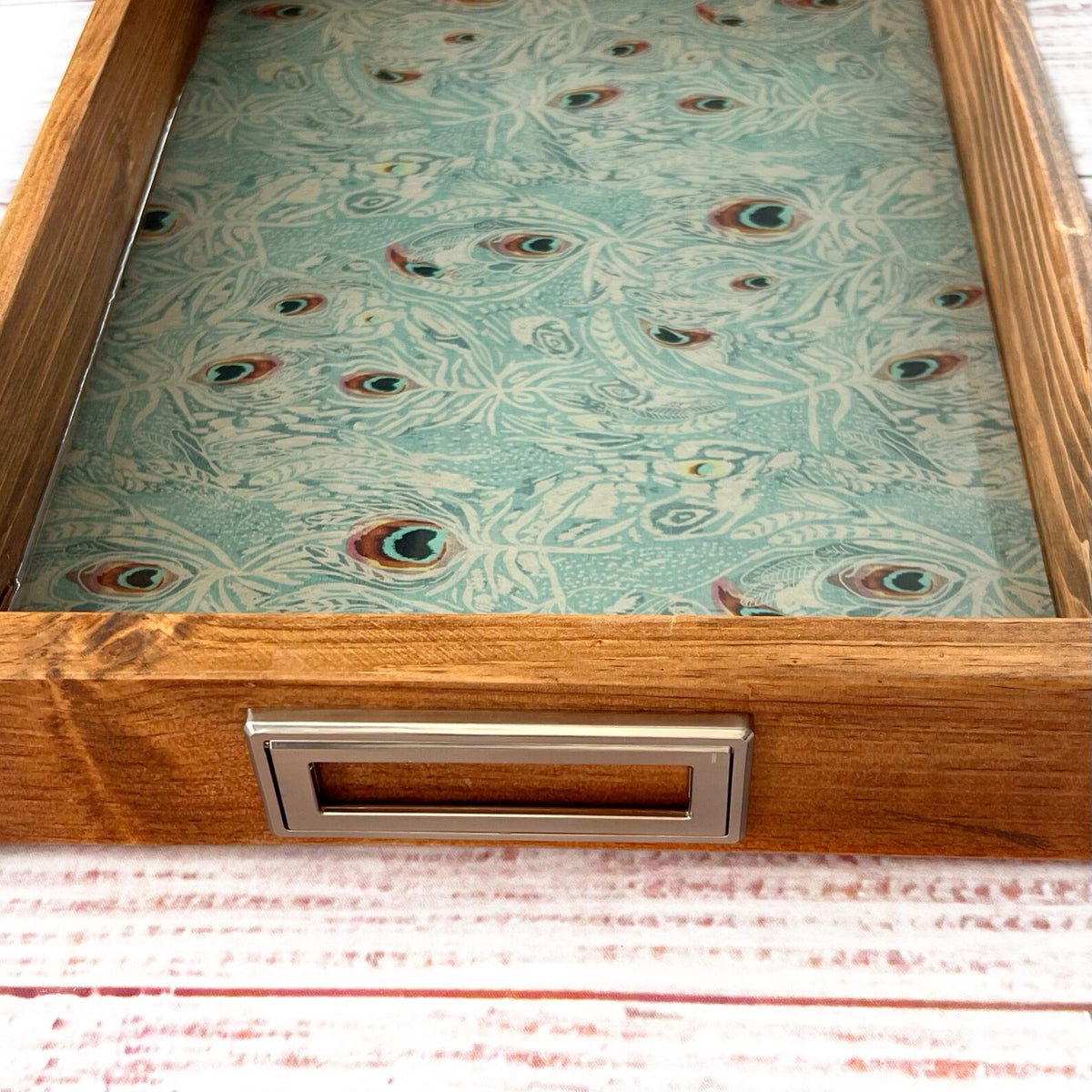Nature Inspired Peacock Feather Handmade Wooden Serving Tray