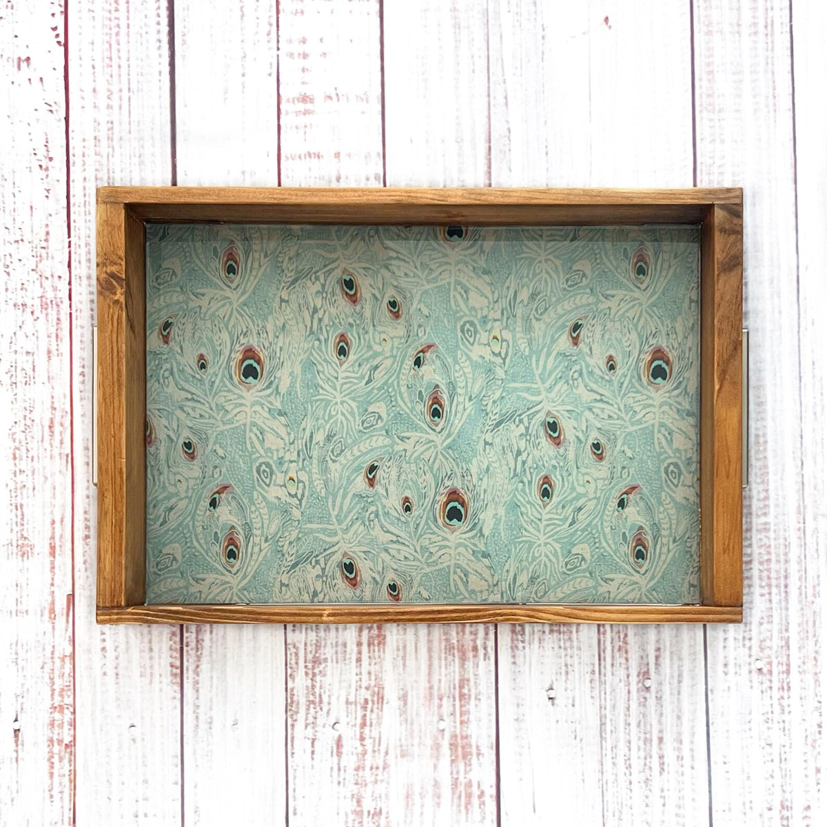 Nature Inspired Peacock Feather Handmade Wooden Serving Tray