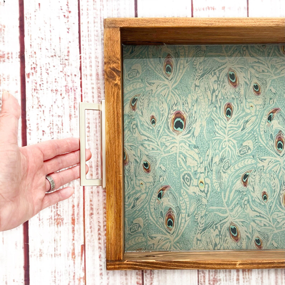 Nature Inspired Peacock Feather Handmade Wooden Serving Tray