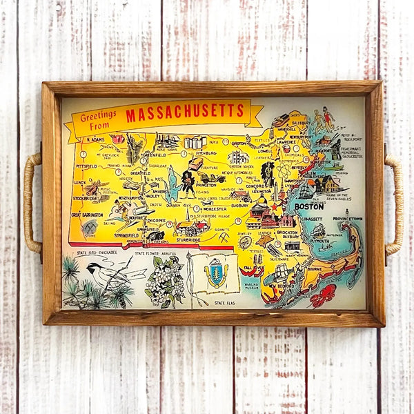 vintage postcard Map of Massachusetts on a wooden serving tray. pictoral map of massachusetts in a wood frame