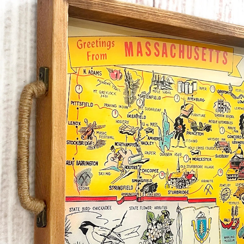 vintage postcard Map of Massachusetts on a wooden serving tray. pictoral map of massachusetts in a wood frame