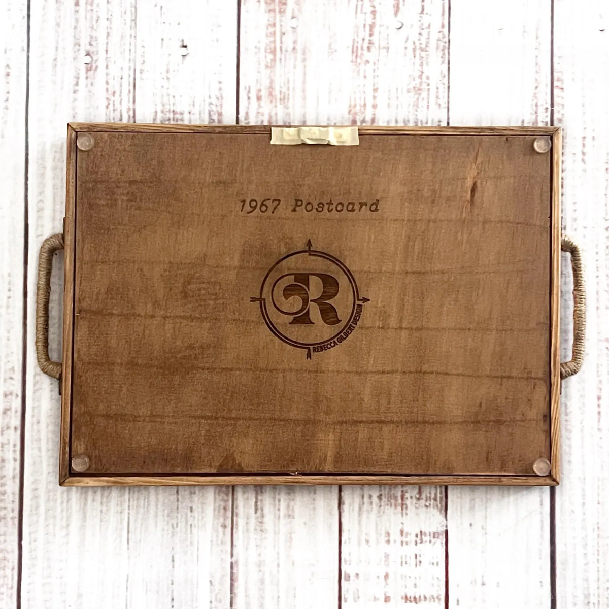 handmade wooden tray with rebecca gilbert design logo