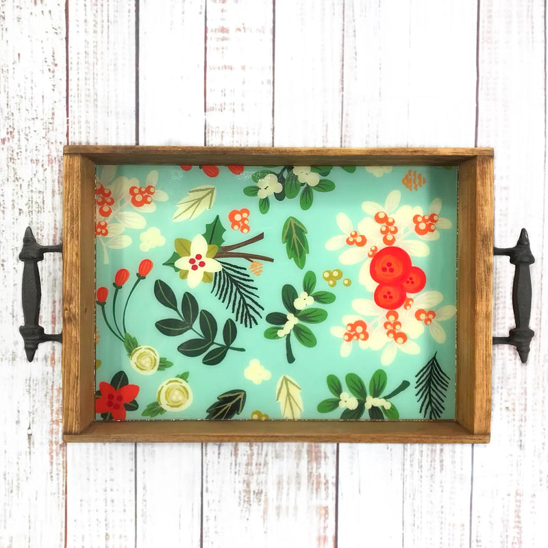 Handmade wooden serving tray with red, white and cream floral design and wooden handles for entertaining and gift giving