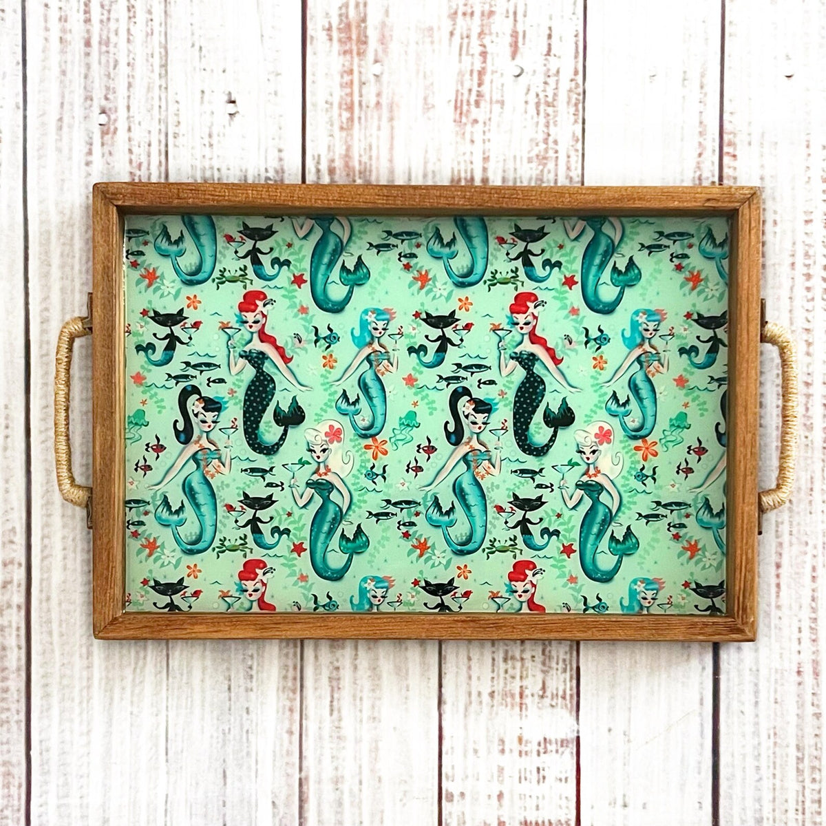 Coastal Inspired Mermaid & Cat Martini Handmade Wooden Serving Tray