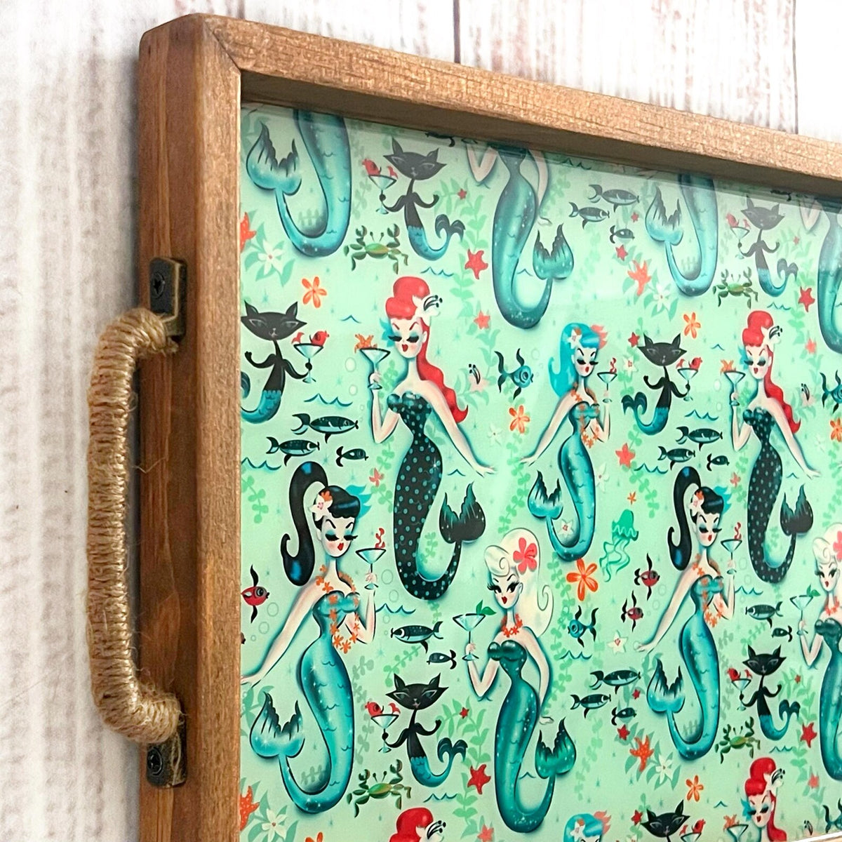 Coastal Inspired Mermaid & Cat Martini Handmade Wooden Serving Tray