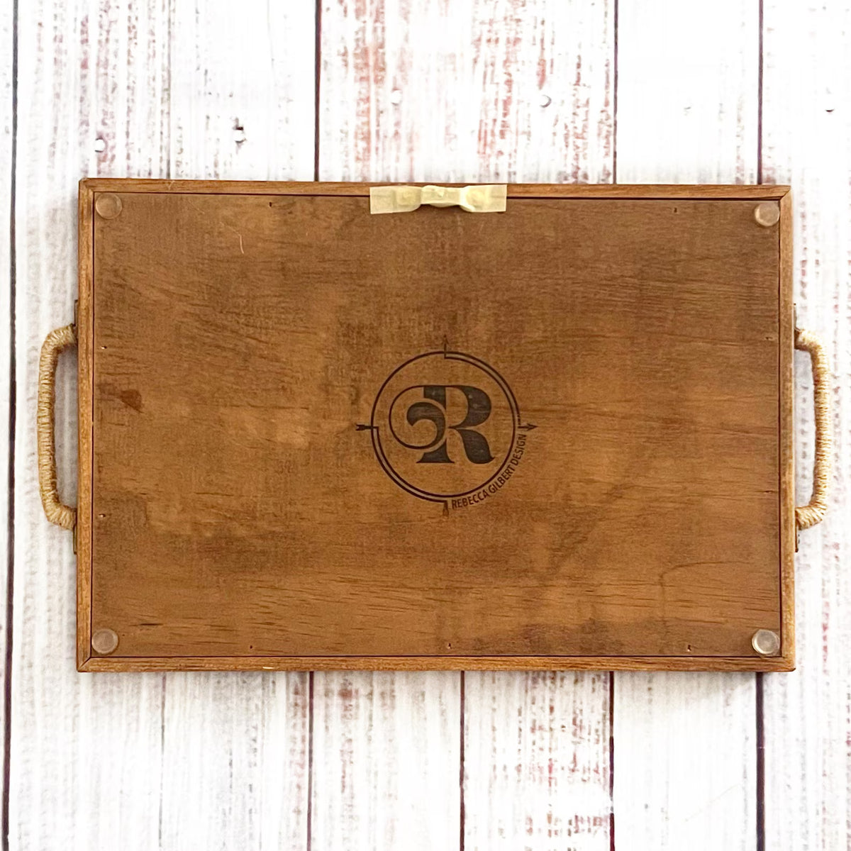 handmade wooden tray with rebecca gilbert design logo