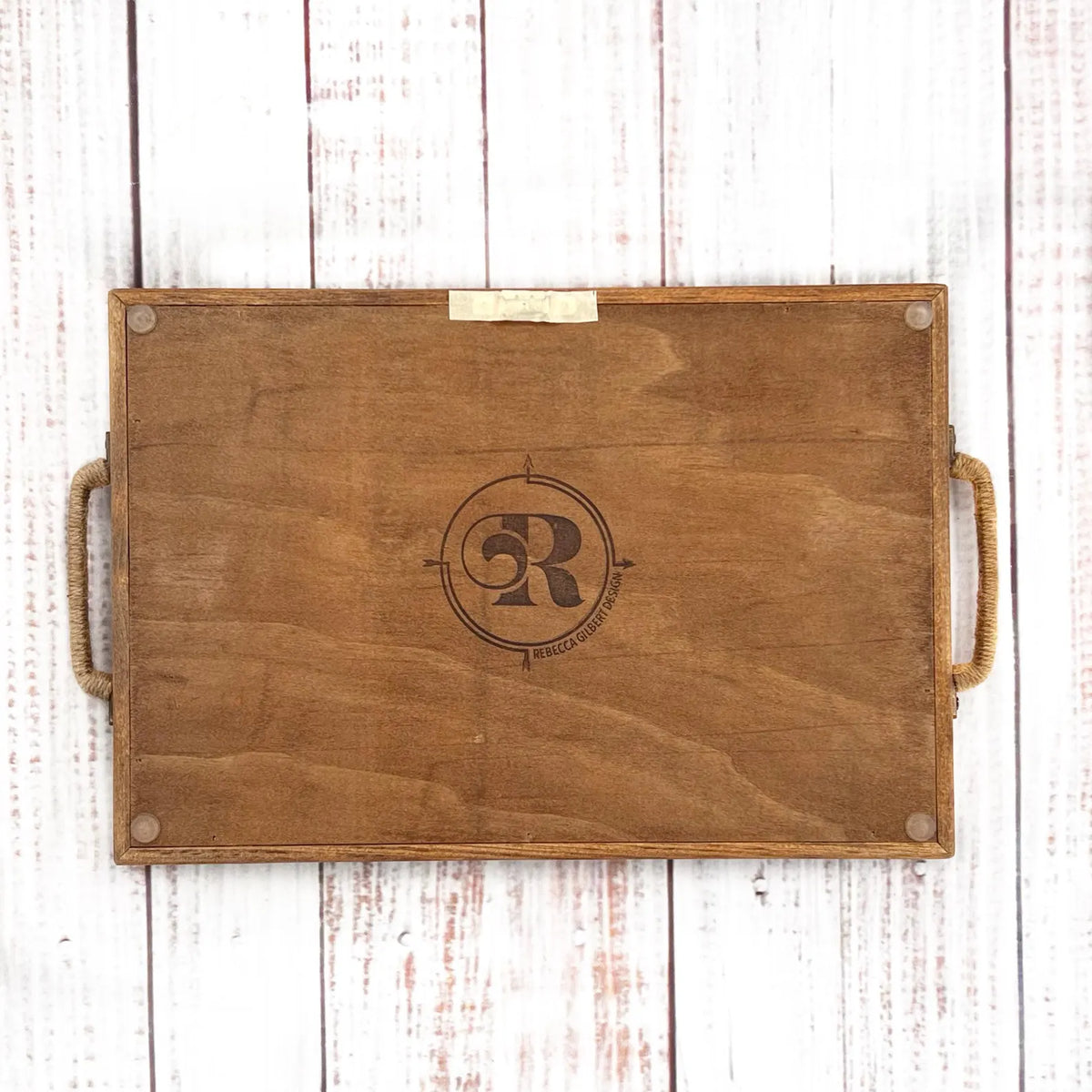 handmade wooden tray with rebecca gilbert design logo