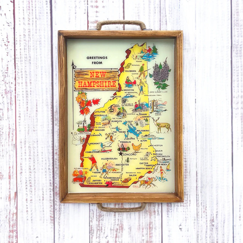 vintage Map of New Hampshire with pictoral travel map illustrations on a wooden serving tray.  Vintage new hampshire map. vintage new hampshire post card.