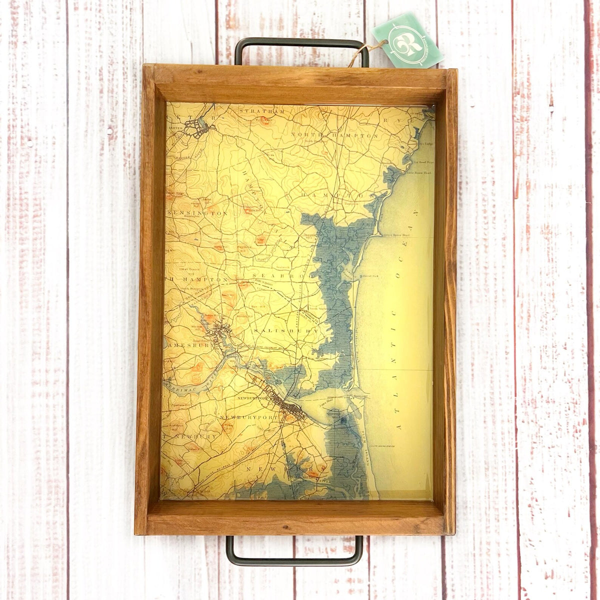 wood serving tray with topographical map of newburyport, salisbury beach, rye beach new hampshire and massachusetts.  atlantic ocean