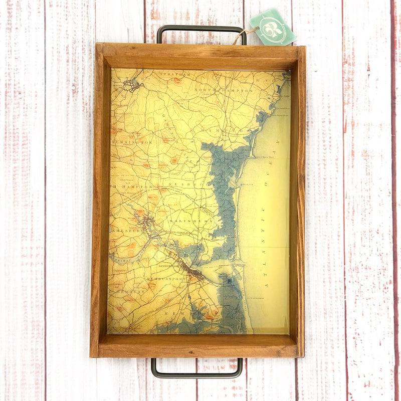 wood serving tray with topographical map of newburyport, salisbury beach, rye beach new hampshire and massachusetts.  atlantic ocean