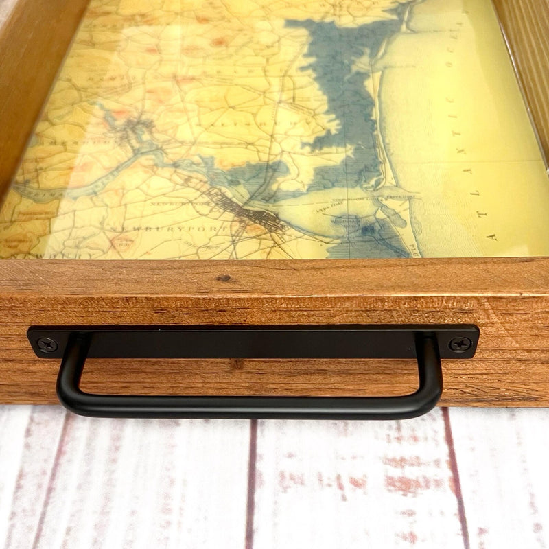 wood serving tray with topographical map of newburyport, salisbury beach, rye beach new hampshire and massachusetts.  atlantic ocean