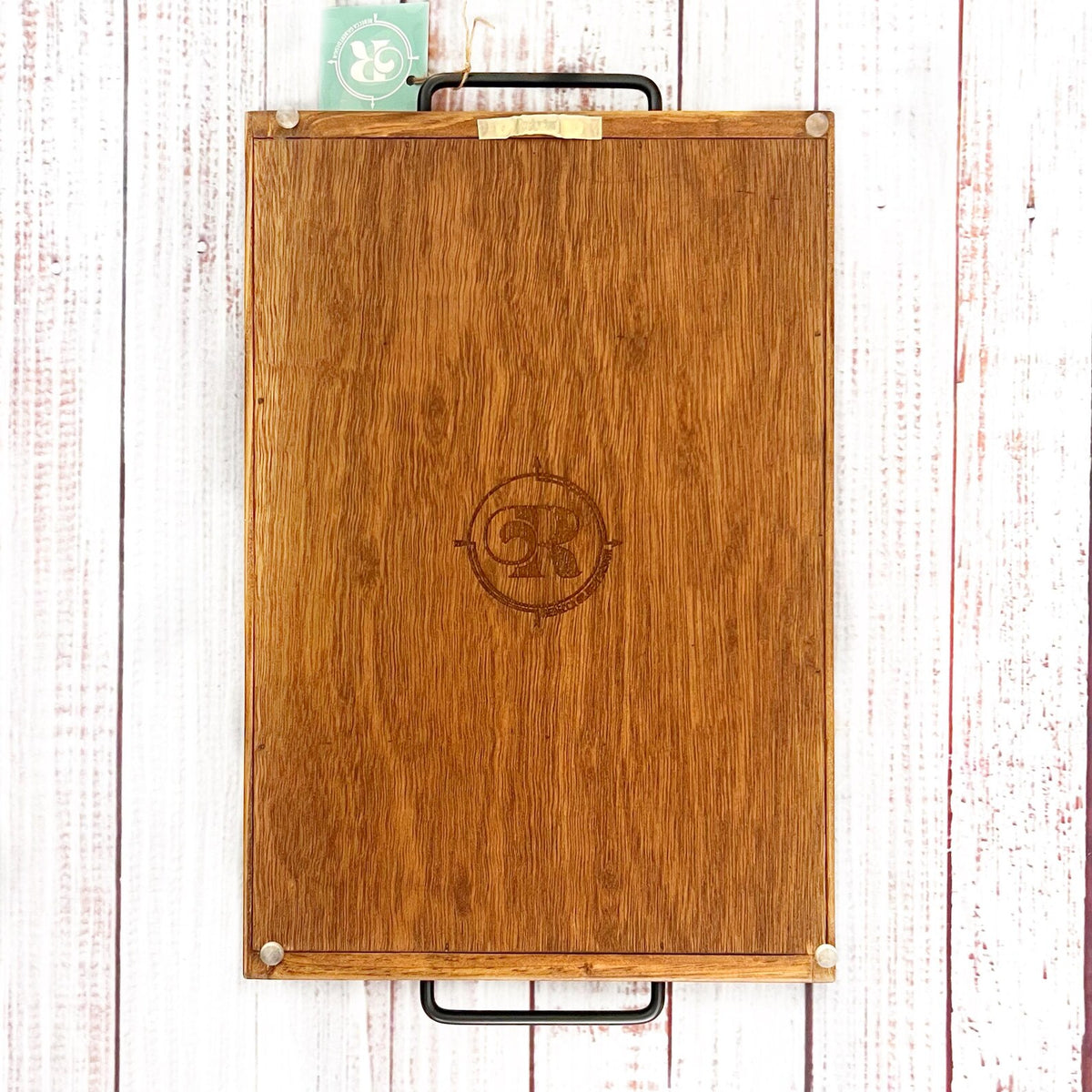 handmade wooden tray with rebecca gilbert design logo