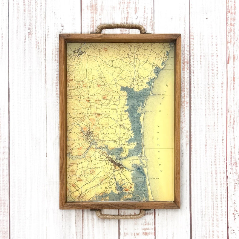 wood serving tray with geographical map of newburyport, salisbury beach, rye beach new hampshire and massachusetts.  atlantic ocean