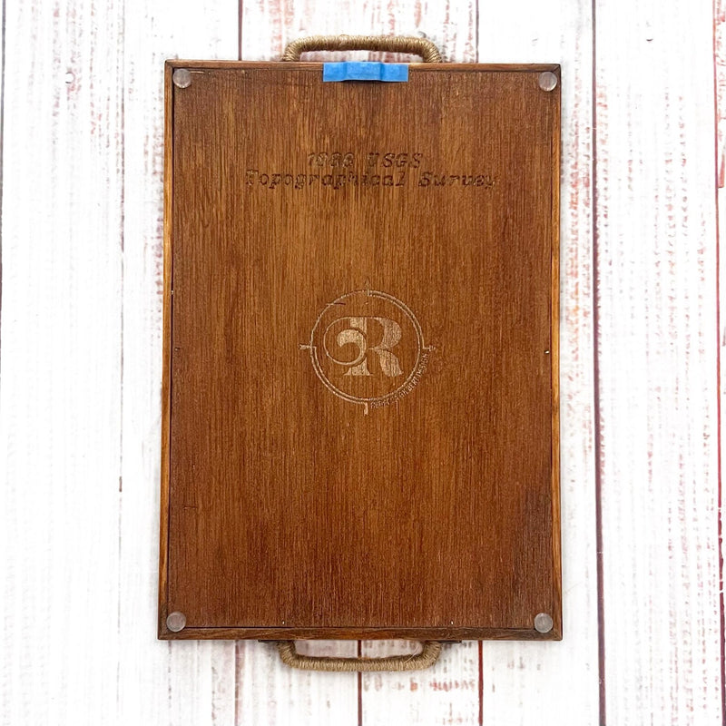handmade wooden tray with rebecca gilbert design logo