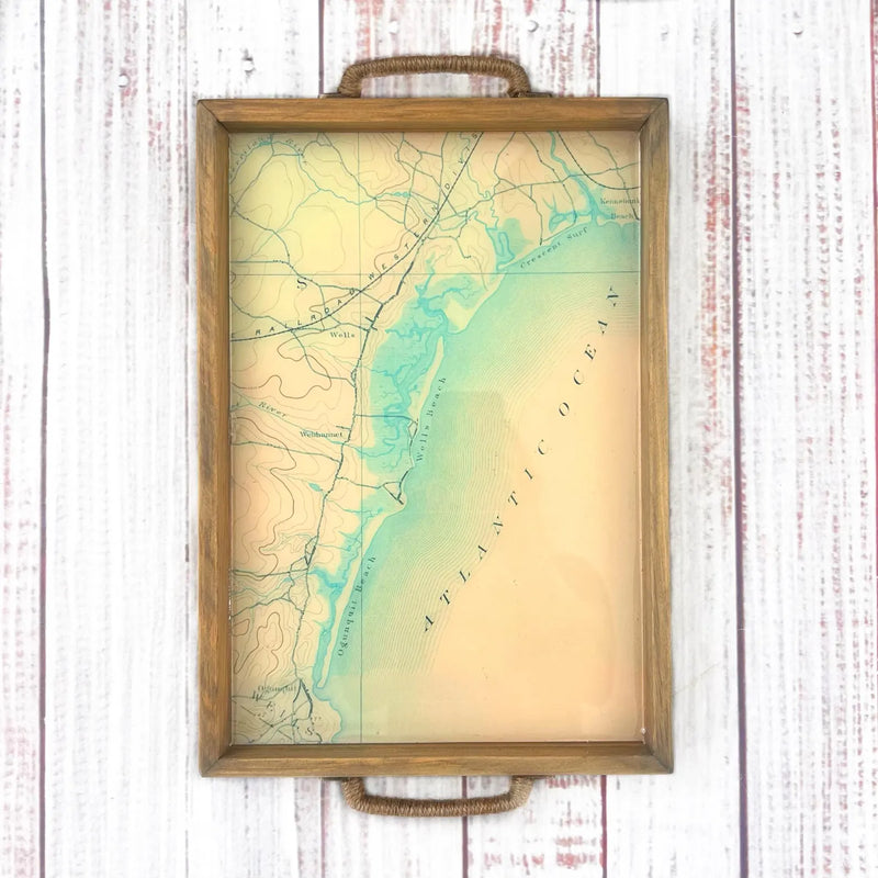 vintage map of ogunquit maine and kennebunkport maine.  wooden serving tray with a vintage maine map. ogunquit beach