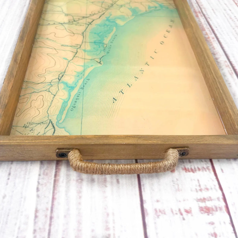 vintage map of ogunquit maine and kennebunkport maine.  wooden serving tray with a vintage maine map. ogunquit beach