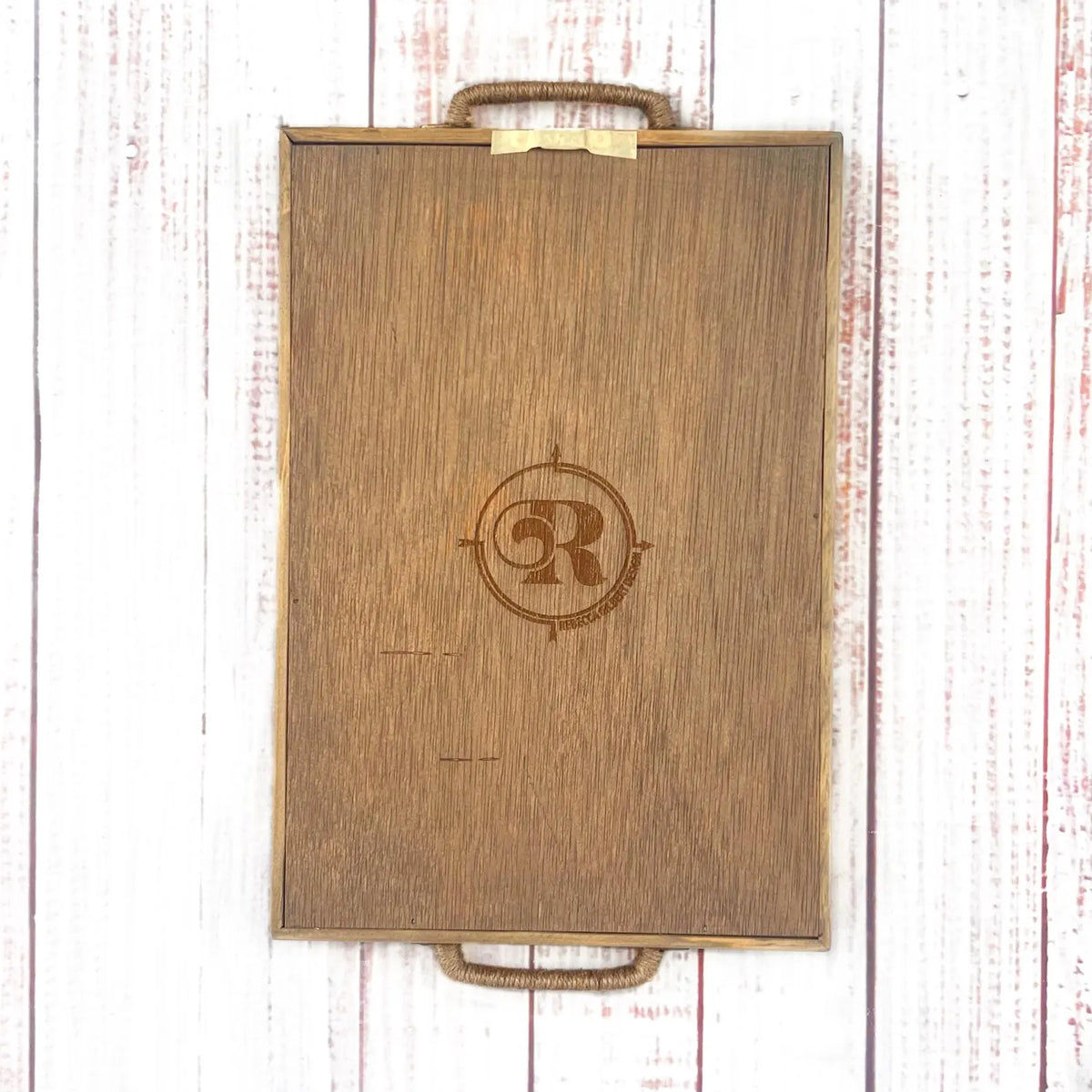 handmade wooden tray with rebecca gilbert design logo