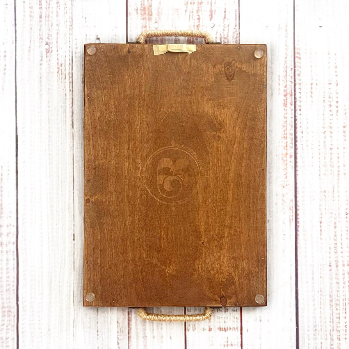 handmade wooden tray with rebecca gilbert design logo