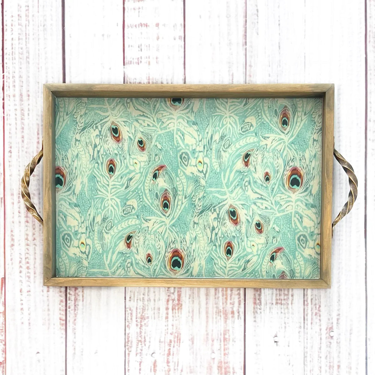 Nature Inspired Peacock Feather Handmade Wooden Serving Tray