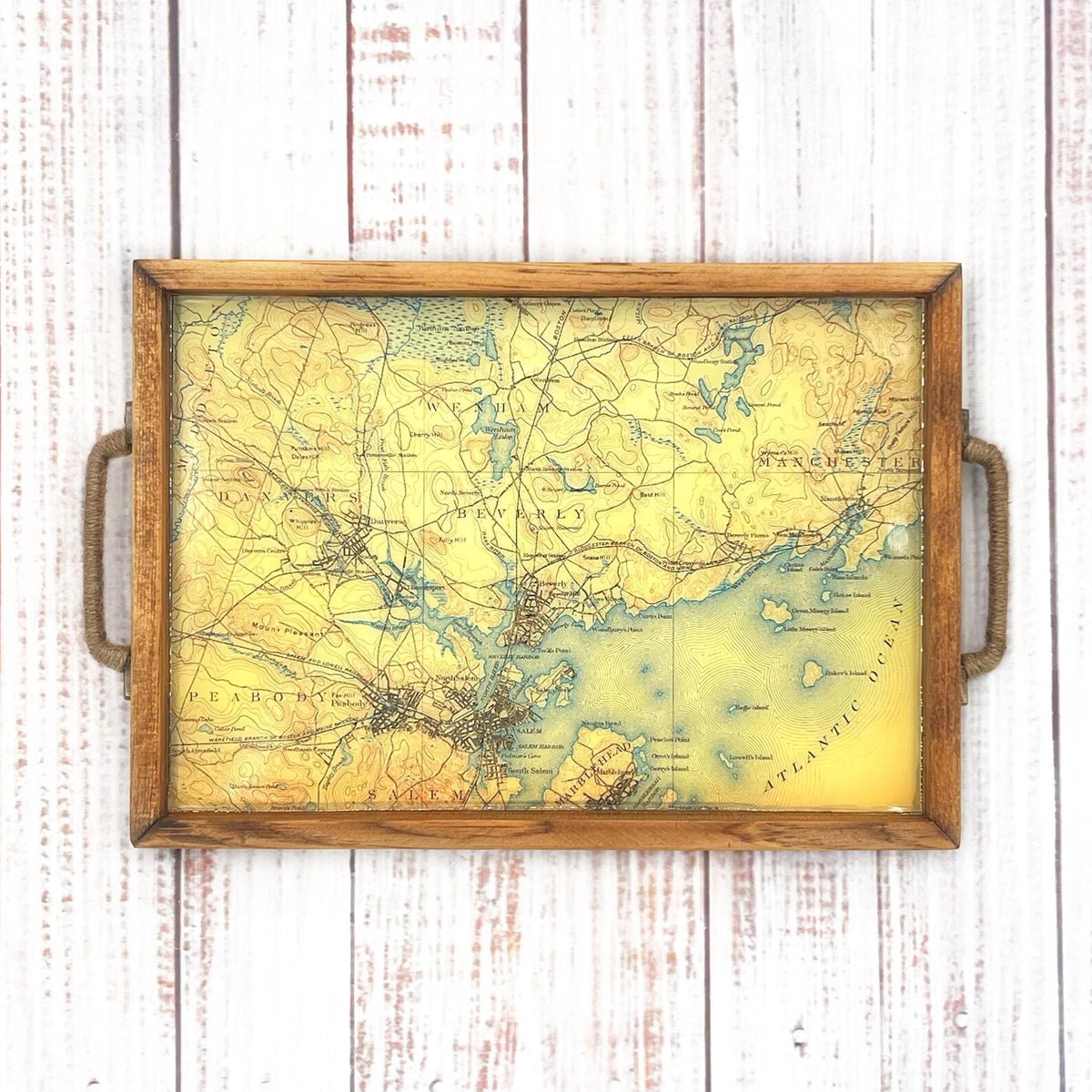 wood serving tray with topographical map of beverly, salem, manchester, danvers, peabody and marblehead massachusetts.  atlantic ocean for entertaining and gift giving