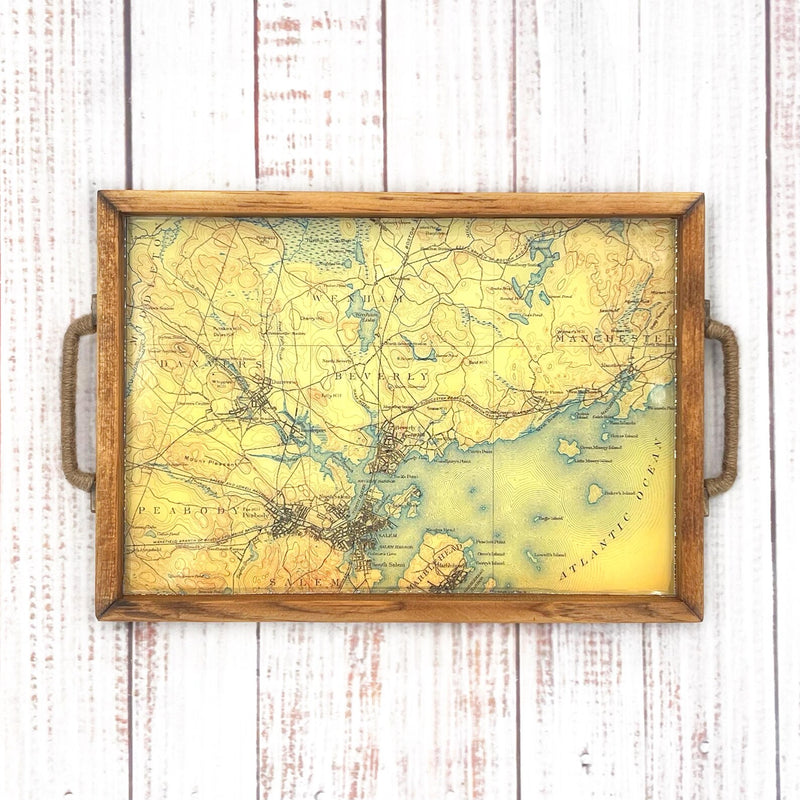 wood serving tray with topographical map of beverly, salem, manchester, danvers, peabody and marblehead massachusetts.  atlantic ocean for entertaining and gift giving