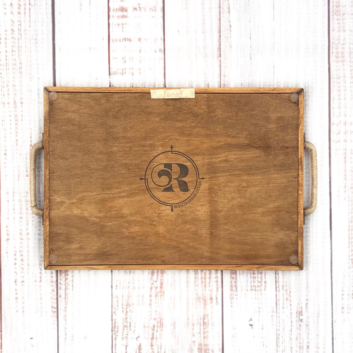 handmade wooden tray with rebecca gilbert design logo