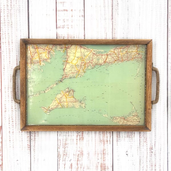Vintage Martha's Vineyard Map Tray, Resin Coated Wood Tray