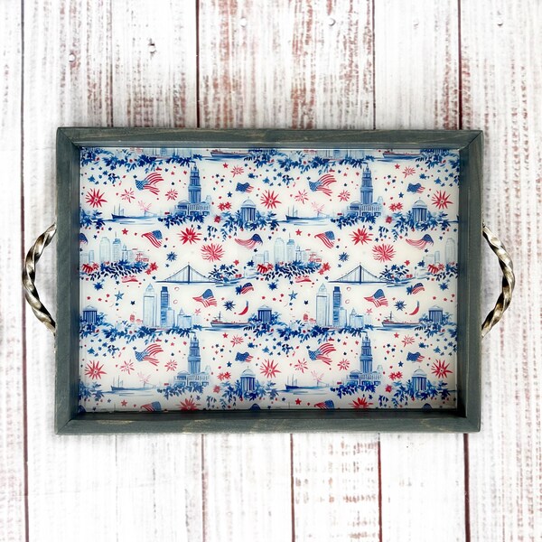 Patriotic Serving Tray | Americana Decorative Tray | Handmade Wooden Tray | 4th of July Decor | Red White and Blue Home Decor