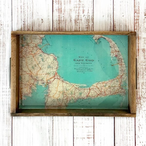 Cape Cod Map Serving Tray | Handmade Wooden Tray with Folding Metal Handles | Coastal Massachusetts Decor | Beach House Gift