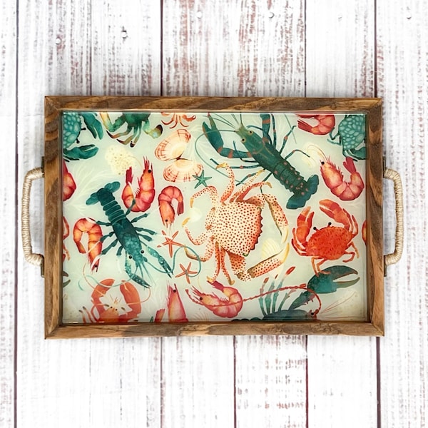 Coastal Seafood Serving Tray | Lobster Crab Shrimp Decorative Tray | Handmade Wooden Tray | Beach House Decor | Nautical Kitchen Gift