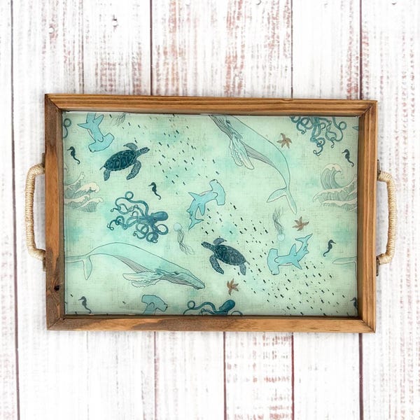 Coastal Serving Tray | Sea Turtle & Whale Decorative Tray | Handmade Wooden Tray | Beach House Decor | Nautical Ocean Serving Tray