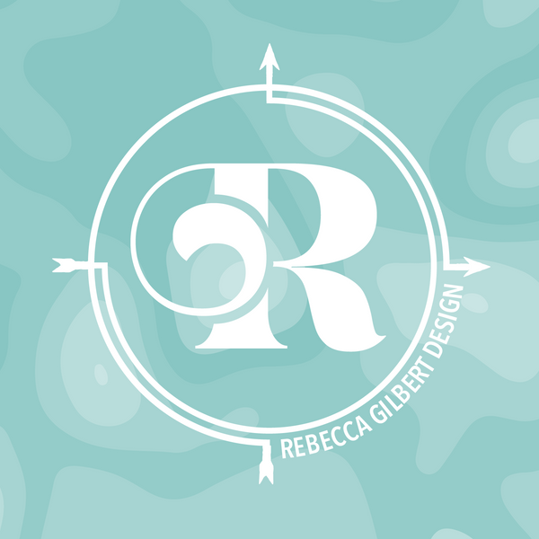 Logo with a stylized letter 'R' and 'Rebecca Gilbert Design' on a light blue background