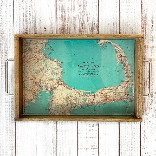 Decorative handmade serving tray featuring vintage map of cape cod massachusetts for entertaining and gift giving