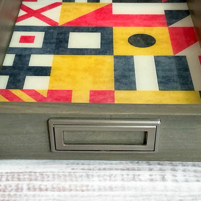 handcrafted wooden serving tray featuring coastal inspired maritime flag design for entertaining and gift giving