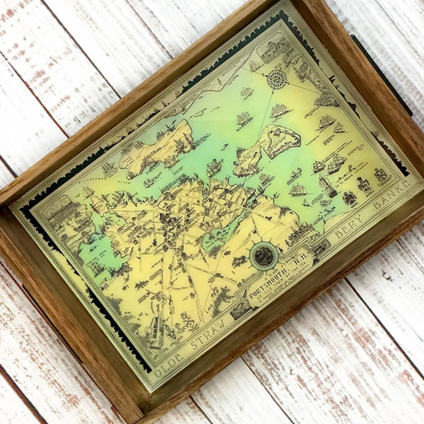 handmade wooden serving tray featuring Vintage map of Portsmouth, NH  for entertaining and gift giving