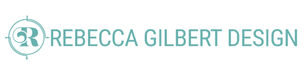 Rebecca Gilbert Design logo with a stylized 'R' in teal on a white background