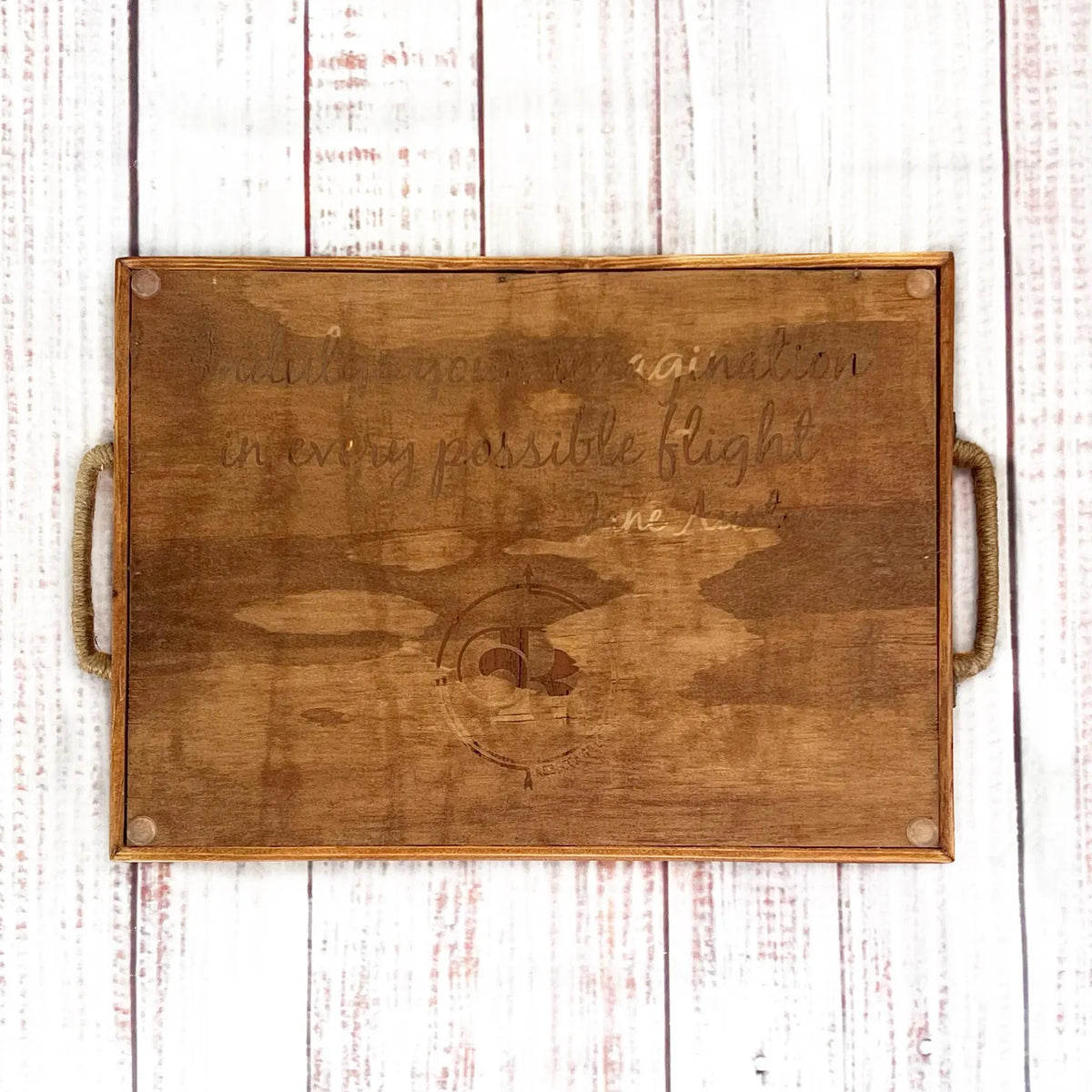 handmade Wooden serving tray with engraved text "indulge your imagination in every possible flight. Jane Austin" for entertaining and gift giving